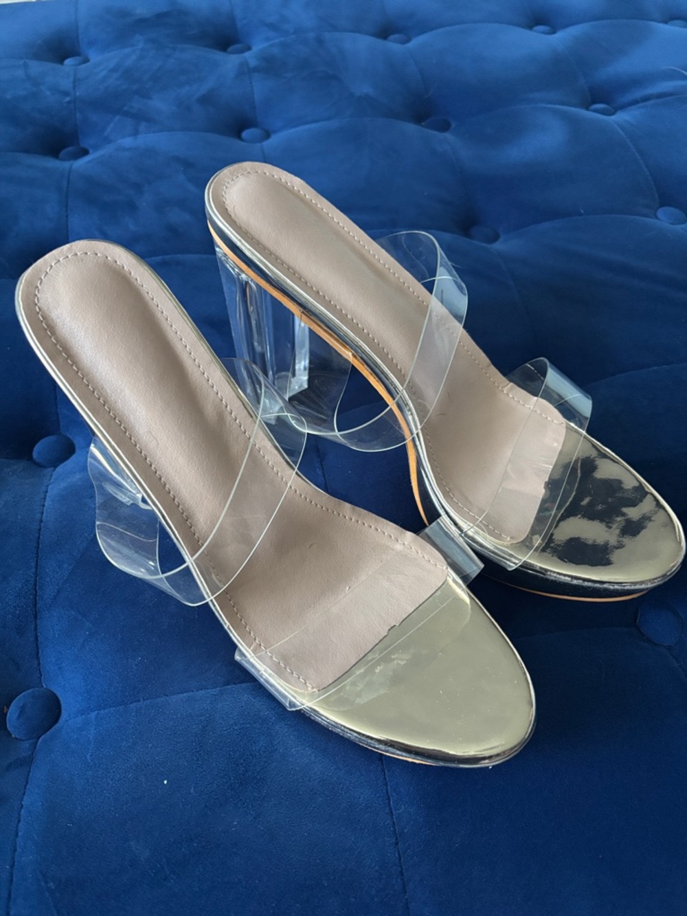 Clear Strap High Heel Slide Sandals in Nude